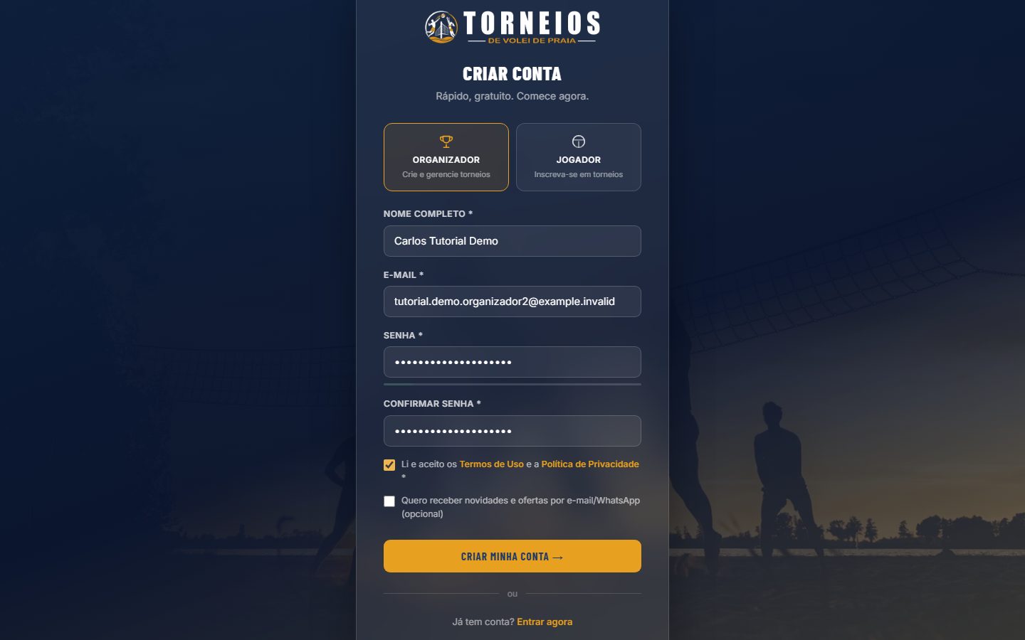Formulário de organizador preenchido